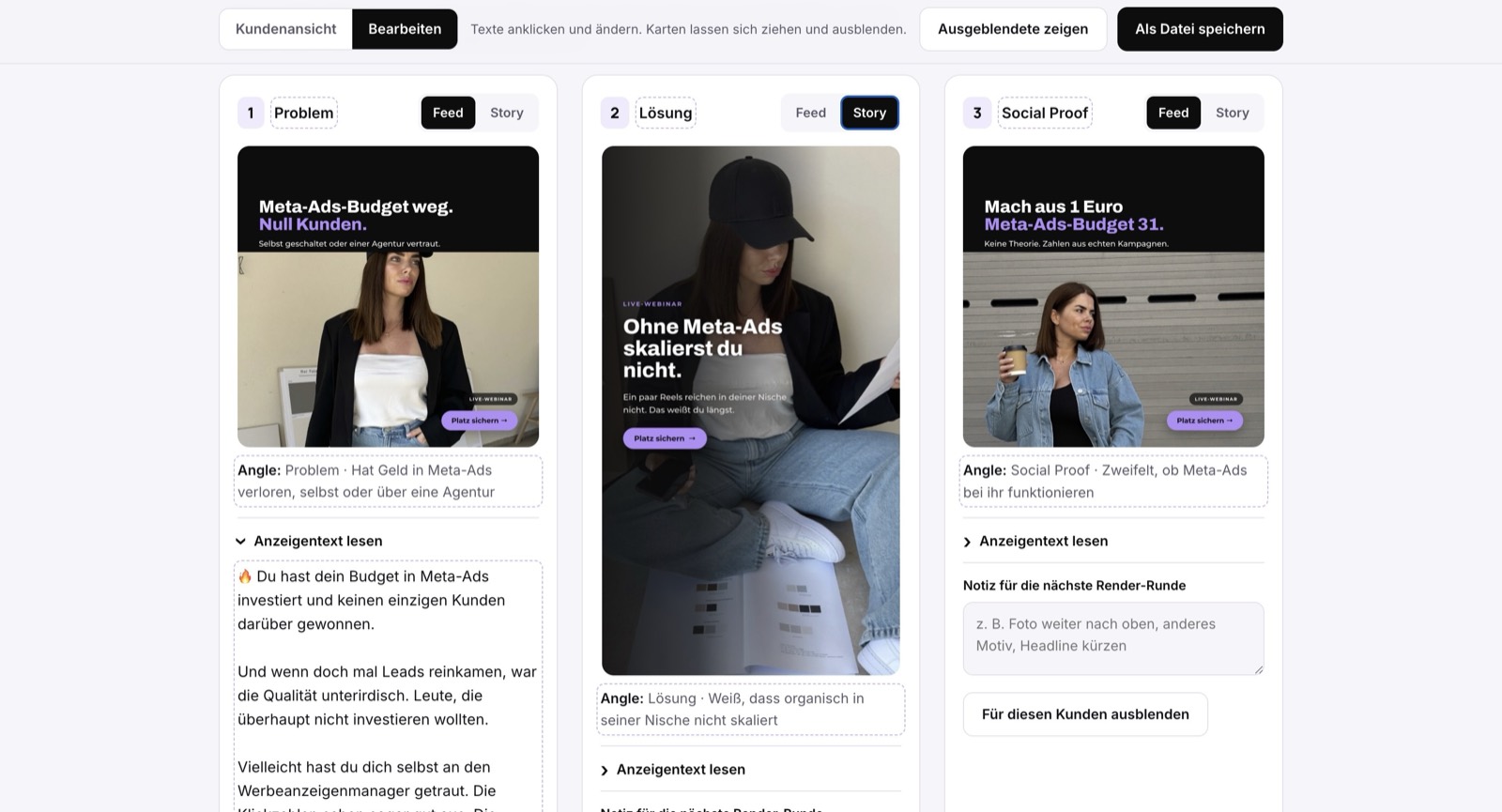 Werkzeug zur Anzeigenerstellung: drei fertige Anzeigen nebeneinander, jeweils mit Bild, Überschrift und dem dazugehörigen Anzeigentext, beschriftet nach Argument — Problem, Lösung, Social Proof.